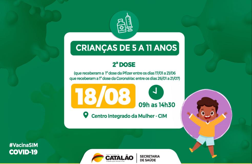 Saúde convoca crianças de 5 a 11 anos para receberem a 2ª dose da vacina pediátrica.