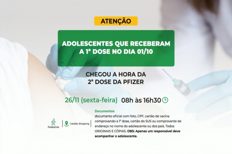 Saúde aplicará reforço em adolescentes que receberam a 1ª dose no dia 01/10