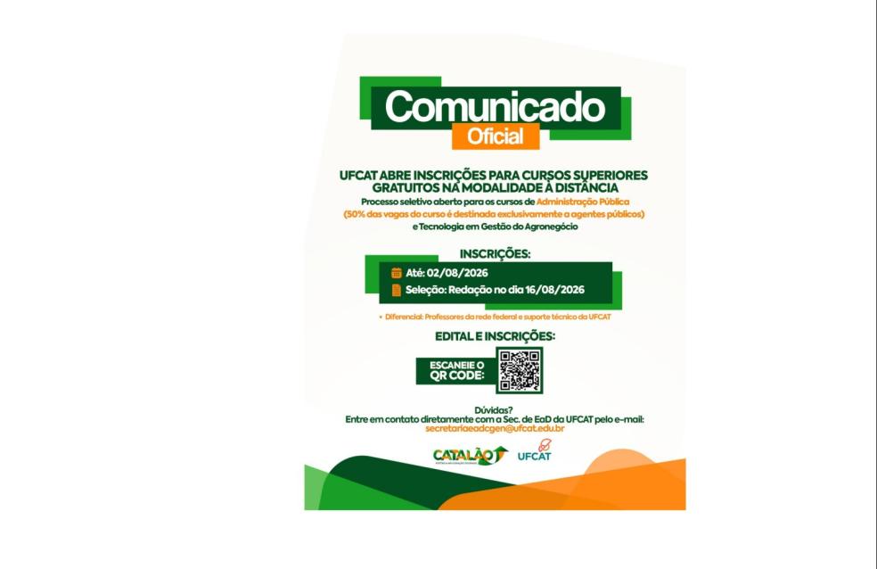 UFCAT abre 50 vagas para Administração Pública com reserva para agentes municipais em Catalão