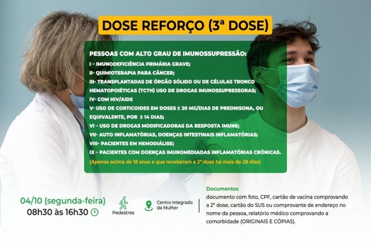 Saúde convoca pessoas para receberem a Terceira Dose